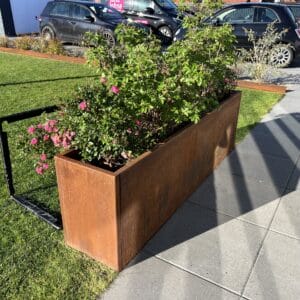 Rektangulært højbed i cortenstål med lyserøde blomster og grønne planter